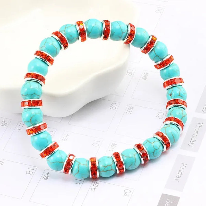 Blue turquoise and green point hand natural Vintage bracelet rhinestone rope men's and women's elastic casual bracelet prayer yoga pendant jewelry