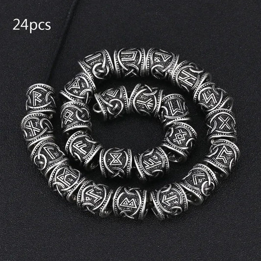 24Pcs Vintage Silver West Coast Paracord Norse Viking Rune Metal Beads DIY Antique Bracelet Hair Beards Jewelry Making GOO