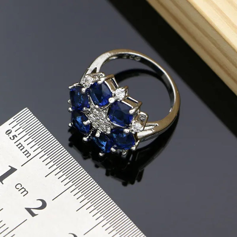 925 Silver Bridal Jewelry Sets Blue Sapphire White Topaz Charm for Women Party Earrings Ring Bracelet Set
