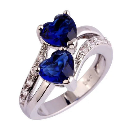 Exquisite 925 Sterling Silver Double Love Heart Rings Natural Sapphire Gemstones Crystal Diamond Wedding Engagement Ring Jewelry Accessories