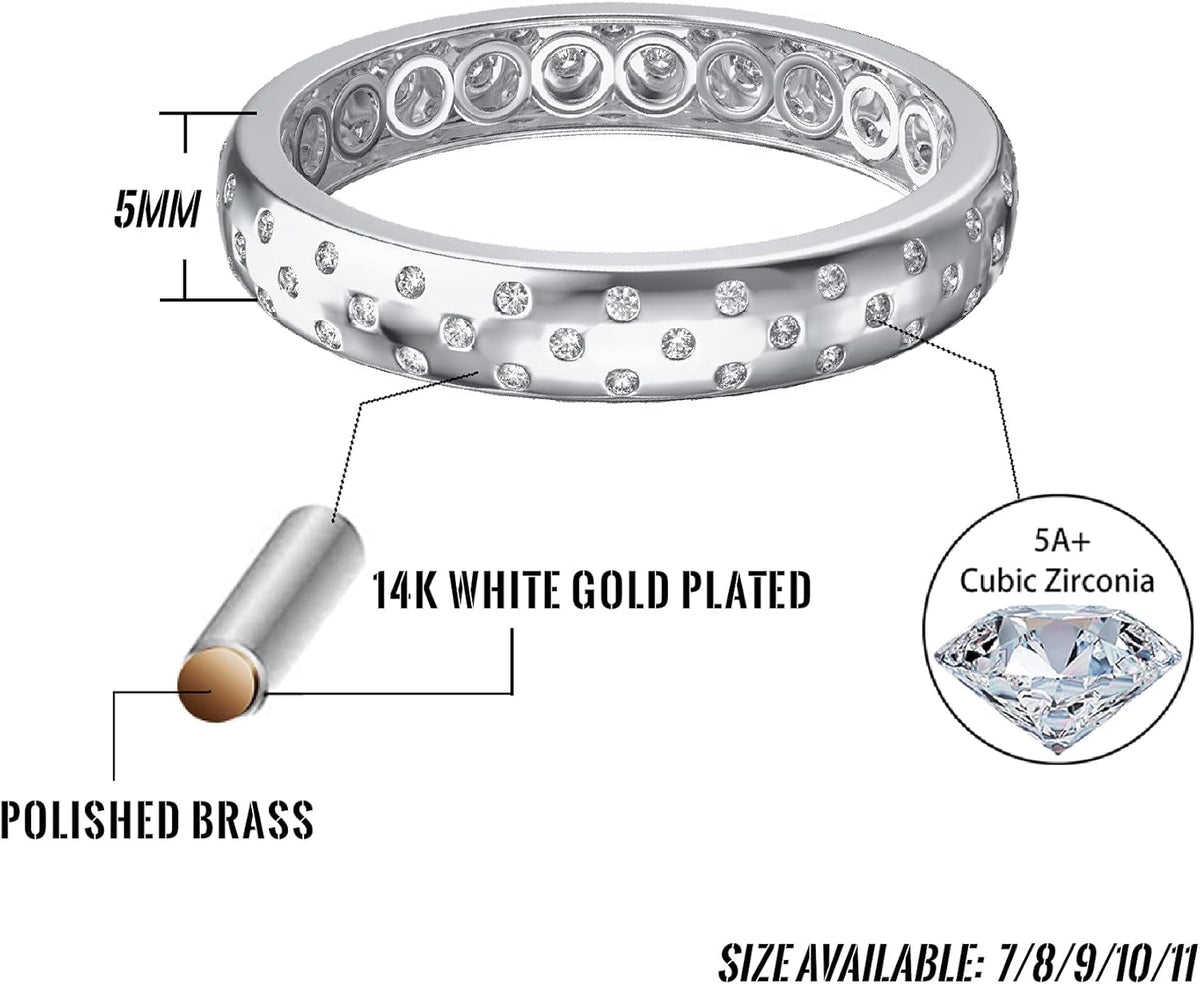 14K Gold Plated Inlaid round CZ Diamond Wedding Band Statement Ring for Men and Women