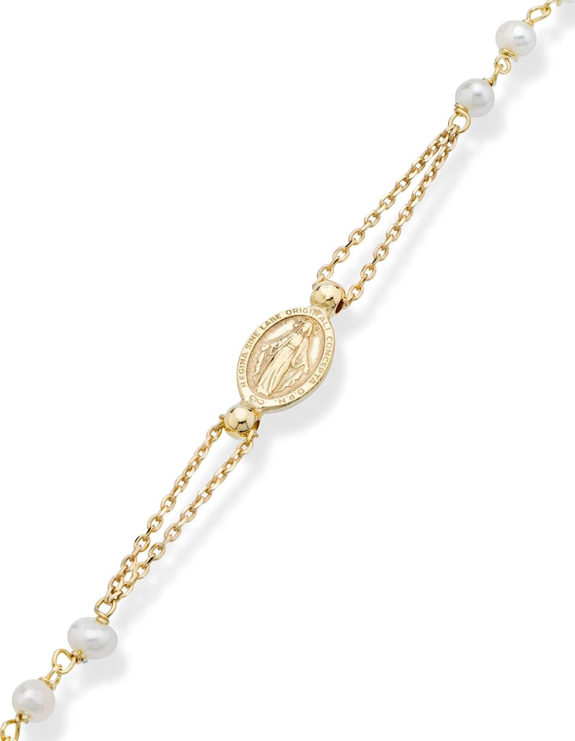 18K Gold over 925 Sterling Silver Handmade Italian White Freshwater Pearl Ball Beaded Sideways Rosary Cross Necklace for Women, Made in Italy