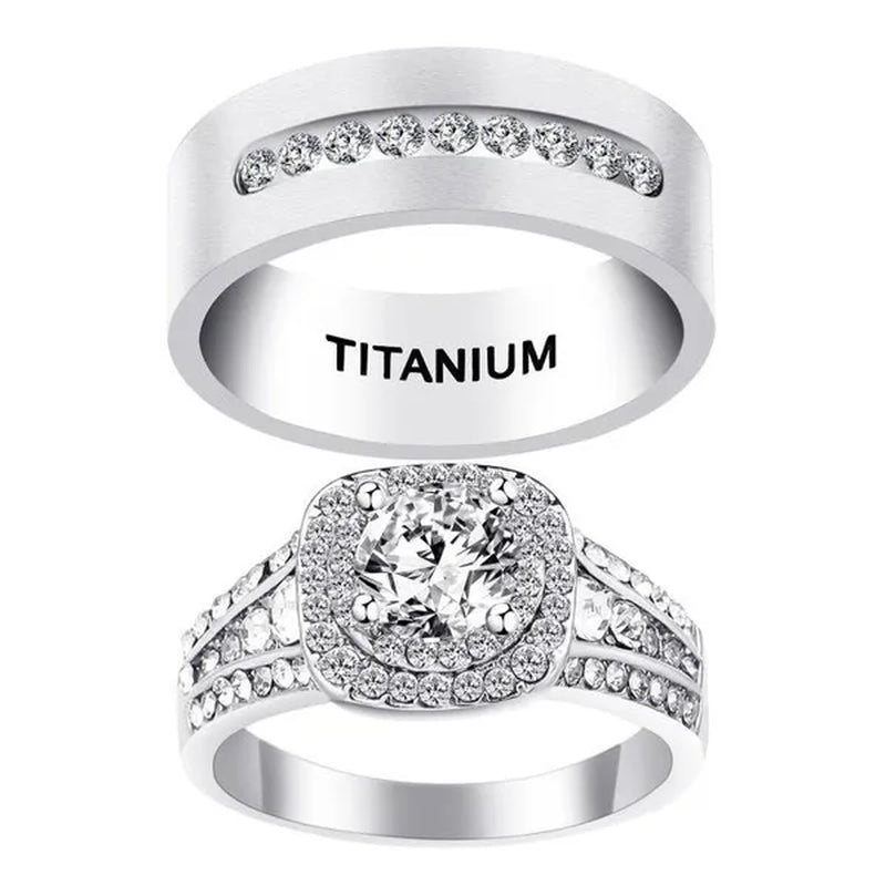 NEW Fashion Couple Rings Set Jewelry - Men's 8mm 316L Stainless Steel Titanium Ring and Women's Princess Cut 1.5 CT Diamond 925 Sterling Silver  Bridal Wedding Engagement Band Ring