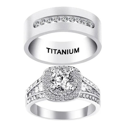 NEW Fashion Couple Rings Set Jewelry - Men's 8mm 316L Stainless Steel Titanium Ring and Women's Princess Cut 1.5 CT Diamond 925 Sterling Silver  Bridal Wedding Engagement Band Ring