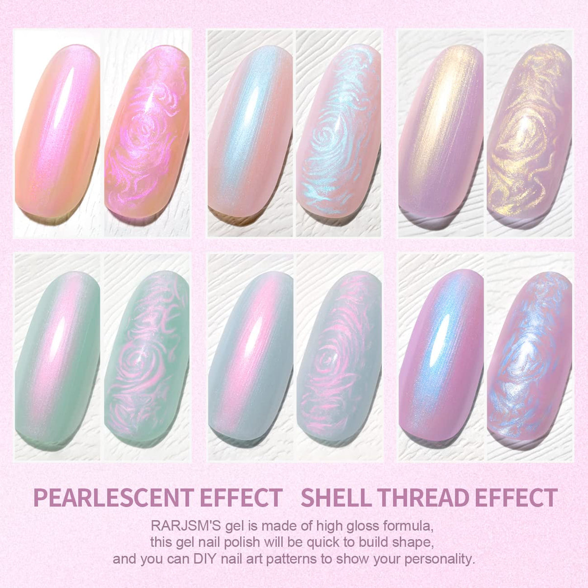 Pearl Gel Nail Polish - Glitter Pearlescent Shell Gel Polish in Pink, Beige, Blue, Green, Purple Shimmer Mermaid Swirl Thread Effect - Soak off LED UV Curing - DIY Manicure Use