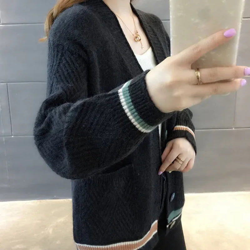 New Fashion Pull Femme Autumn and Winter Wool Pure Cashmere Sweater Cardigan Pullovers Long Sleeve Women Striped Stitching Color Knitted Cardigans Pullover Damen Jumper Outwear Coat