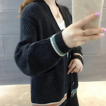 New Fashion Pull Femme Autumn and Winter Wool Pure Cashmere Sweater Cardigan Pullovers Long Sleeve Women Striped Stitching Color Knitted Cardigans Pullover Damen Jumper Outwear Coat