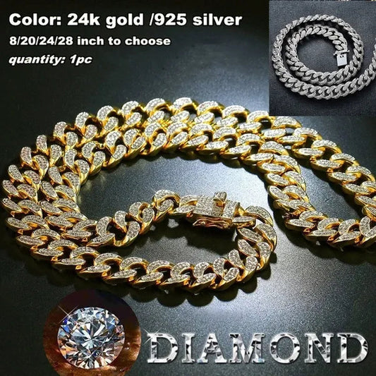 1pc Iced Out Bling Rhinestone Crystal Gold Finish Miami Cuban Link Chain Diamond Gold/925 Silver Men's Hip Hop Necklace or Bracelet Jewelry 8/20/24/28 Inch