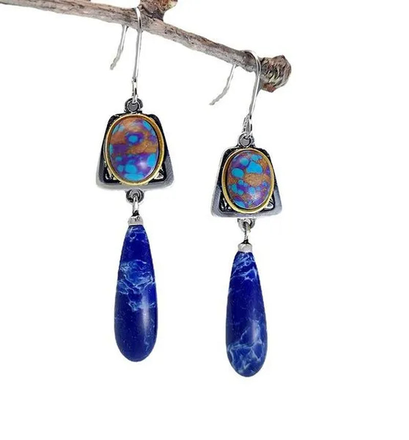 Exquisite Retro Bohemian Earrings Silver Plated Blue Stone Dangle Hook Earrings Bridal Wedding and Engagement Anniversary Gift Jewelry Earrings for Women