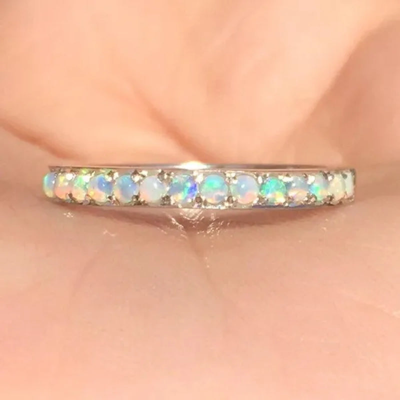Women's Fashion Exquisite 925 Sterling Silver Natural White Opal Eternity Diamond Ring Elegant Female Birthday Party Jewelry Romantic Princess Proposal Engagement Anniversary Gift Stackable Rings for Women Bride Wedding Band Size 4-12 Bague Femme