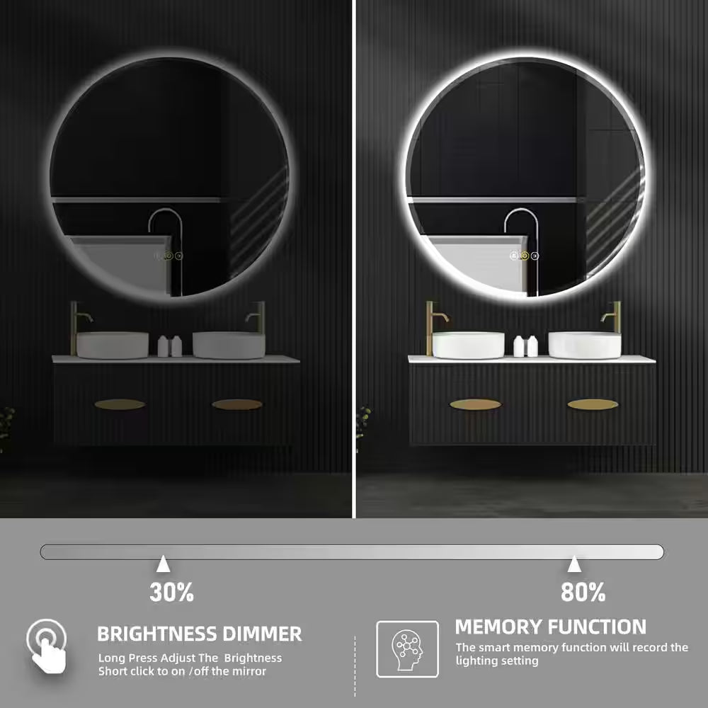 RS 28 In. W X 28 In. H round Beveled Edge 3 Colors Dimmable LED Anti-Fog Memory Wall Mount Bathroom Vanity Mirror