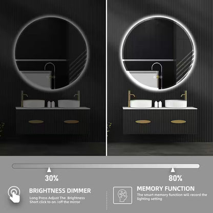 RS 28 In. W X 28 In. H round Beveled Edge 3 Colors Dimmable LED Anti-Fog Memory Wall Mount Bathroom Vanity Mirror