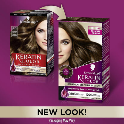 Keratin Permanent Hair Color, 6.0 Delicate Praline, 1 Application - Professionally Inspired Permanent Hair Dye, for up to 80% Less Breakage Vs Untreated Hair and up to 100% Gray Coverage