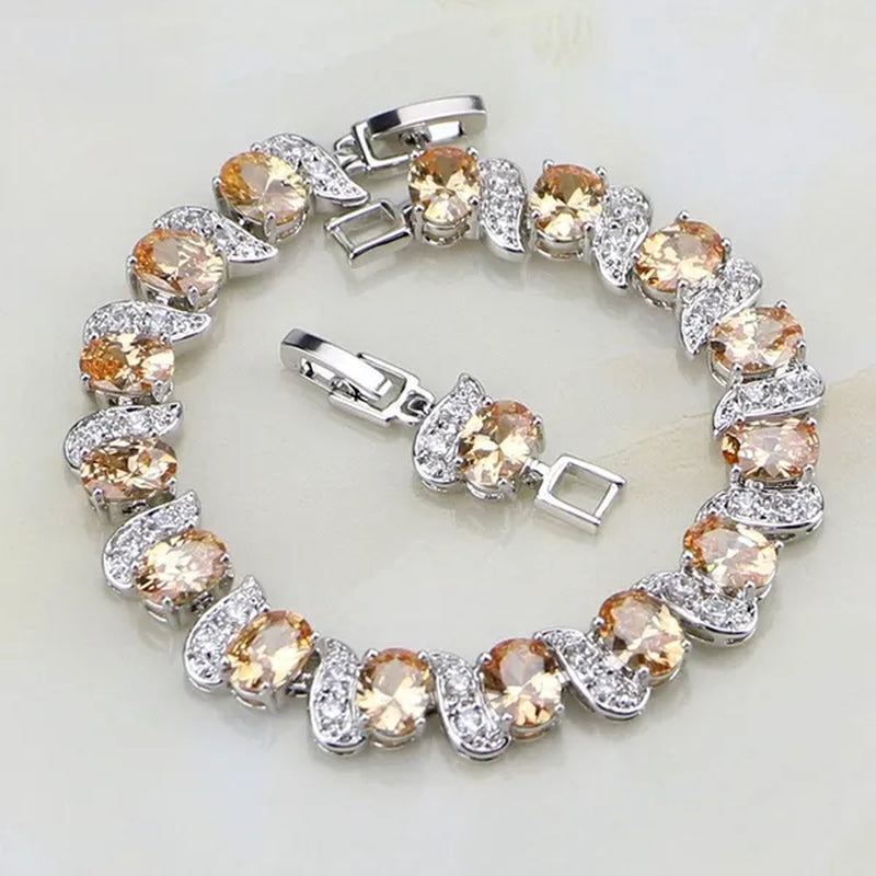 Ethnic 925 Silver Jewelry Champagne Topaz White Zircon Charm Bracelets For Women 7 INCH