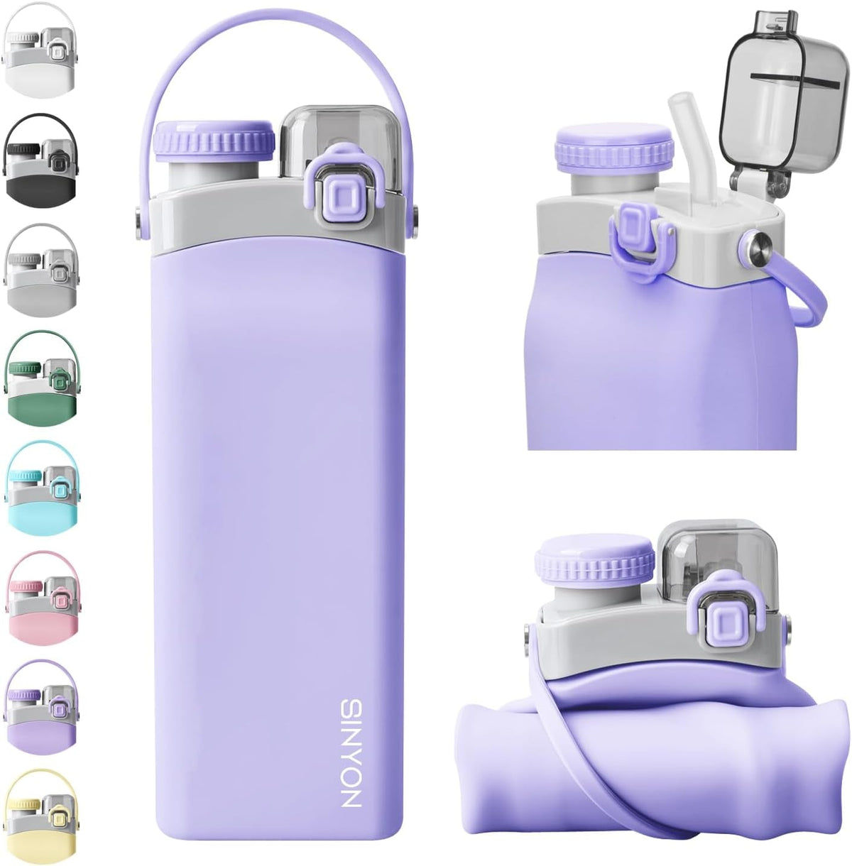 Collapsible Water Bottles, 20Oz Silicone Reusable Water Bottle with Straw and Strap, Leakproof Foldable Sports Water Bottle for Travel Camping Running Hiking Gym, BPA Free