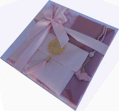 Muslim Prayer Rug | 5 in One Prayer Mat, Short Surahs Book, Tasbeeh, Scarf , Quran Case Set | Pearl Prayer Beads | Islamic Gift for Her, Occasions | Birthday Gift|(Pink)