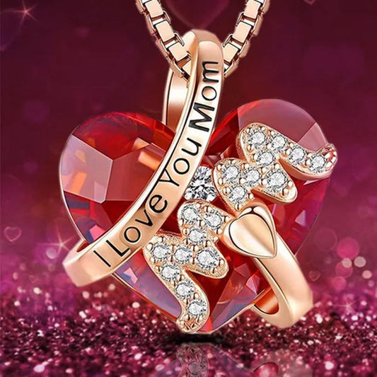 Love Heart Necklace for Women I Love You Mom Pendant Necklaces Crystal Diamond Mother's Day Necklace Gifts Fashion Jewelry