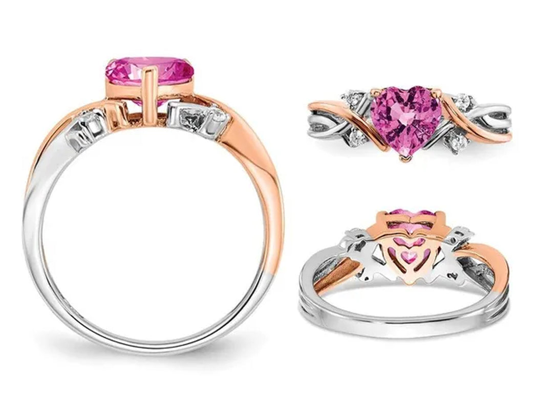 1.12 Carat (ctw) Lab-Created Pink Sapphire Heart Ring in 14K White and Yellow Gold with Diamonds