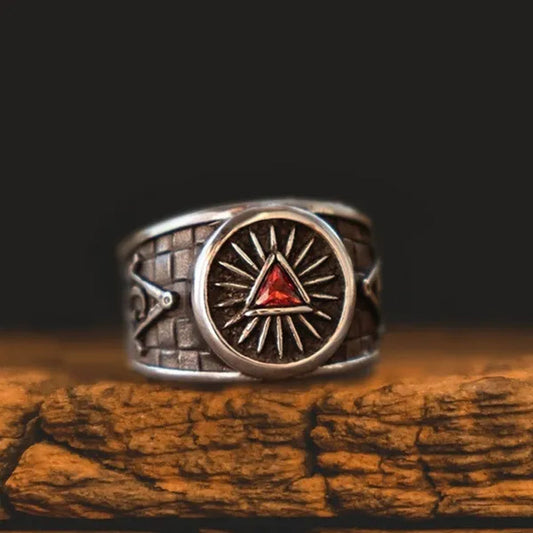 Retro Masonic Triangle Ruby Ring Mason Master Ring 316L Stainless Steel Ring Masonic Jewelry Punk Party Ring