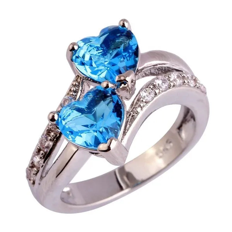 Exquisite 925 Sterling Silver Double Love Heart Rings Natural Sapphire Gemstones Crystal Diamond Wedding Engagement Ring Jewelry Accessories