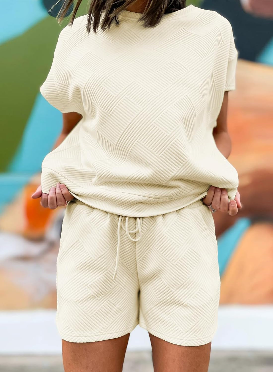 Women'S 2 Piece Outfits Sweatsuit Casual Short Sleeve Pullover Tops and Drawstring Shorts Pants Lounge Sets