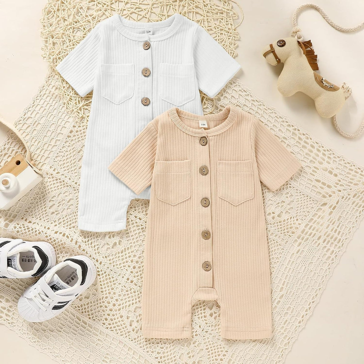 Newborn Baby Boy Girl Clothes 2 Pack Solid Romper Short Sleeve One-Piece Jumpsuits Outfits Sets