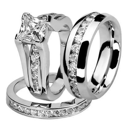 His and Hers Stainless Steel Princess Wedding Ring Set and Eternity Wedding Band