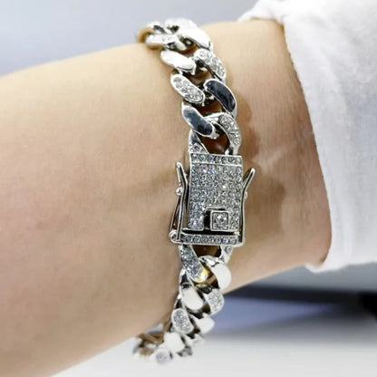 High Quality 12mm Hip Hop Hipster Cuban Chain Diamond Bracelet Men's Jewelry