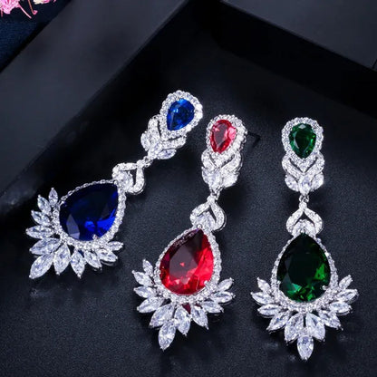 CANDICE Gorgeous Natural Red Green Zirconia Setting Silver Plated Big Teardrop Dangle Earrings for Women Party Dress Accessories