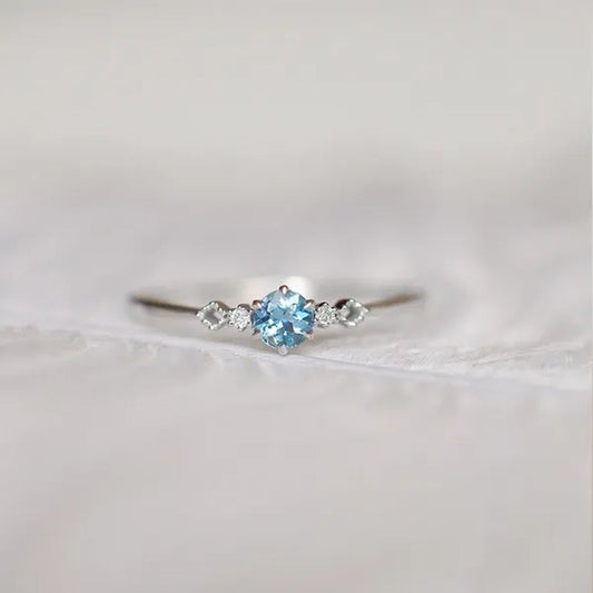 Women Dainty Silver Plated Skyblue Round Cut Aquamarine Diamond Natural Gemstone Ring Wedding Jewelry Gifts Size 5 6 7 8 9 10 11