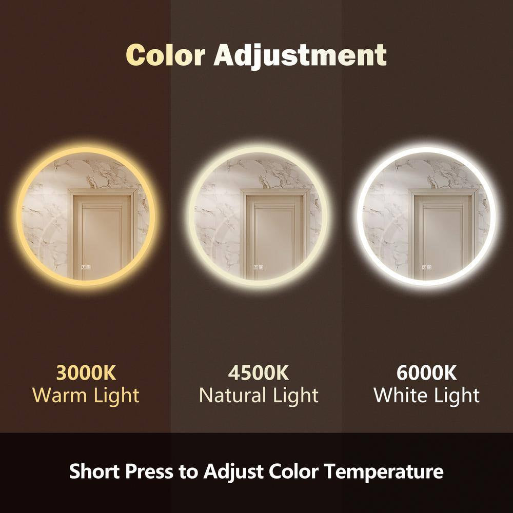 36 In. W X 36 In. H round Frameless LED Light with 3-Color and Anti-Fog Frosted Edge Wall Mounted Bathroom Vanity Mirror