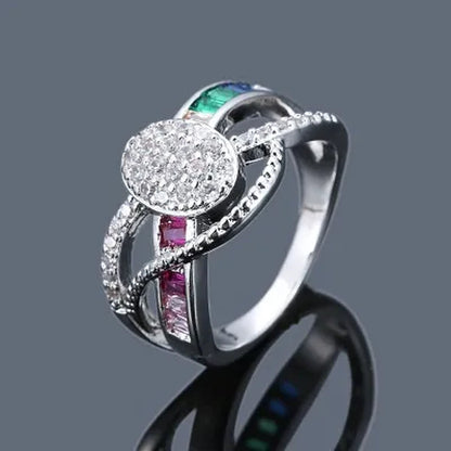 Popular Women Fashion Ring Elegant Personality Rainbow Natural White Zircon Jewelry Wedding Engagement Party Ring Size 5-11