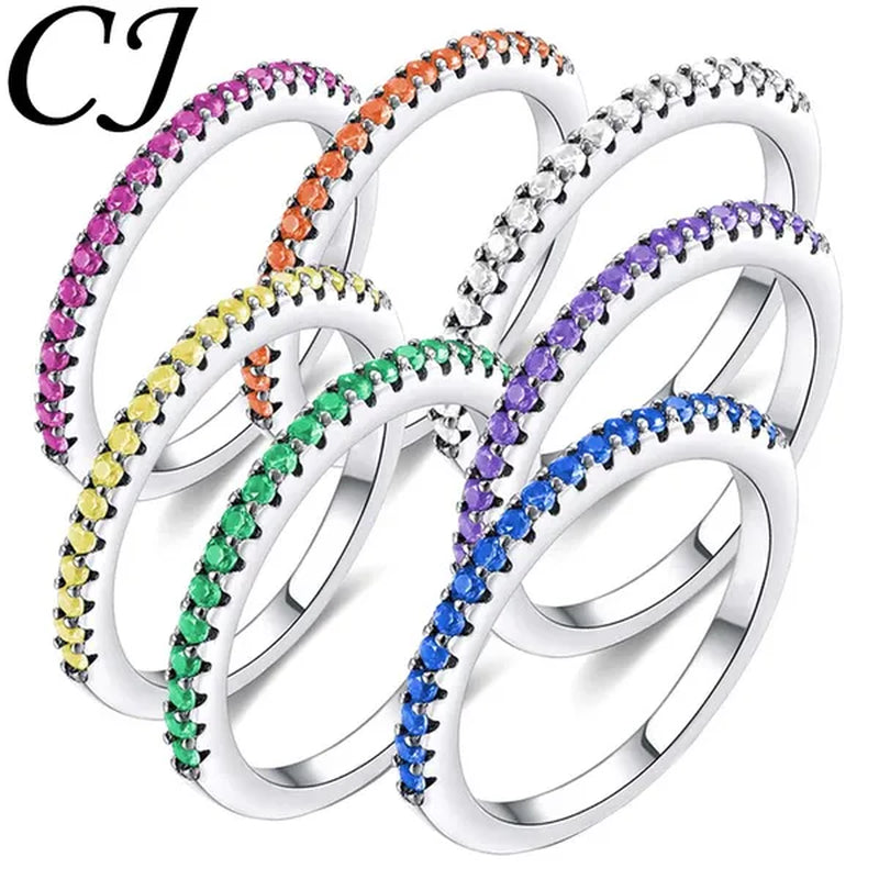 CANDICE Simple Sterling Silver Plated Eterity Wedding Ring Pave Natural Rose Red Green Blue Cubic Zirconia Stackable Rings Fashion Jewelry for Women Engagement Gift（US SIZE 6-9）