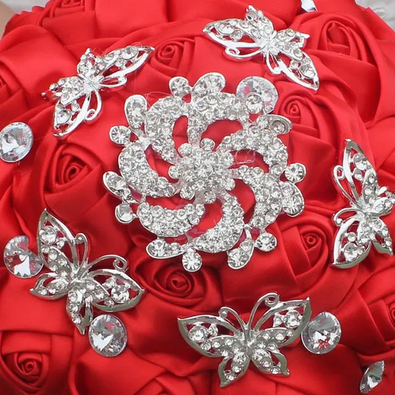18CM White  Bride Holding Flowers Butterfly Flower Diamond Brooch Wedding Bouquet Bridal Mariage Stitch Wedding Bouquet Ribbon Bridesmaid Bouquet