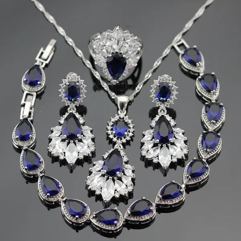Blue Zircon With White Topaz Crystal Water Drop Shaped Silver Jewelry Sets Necklace Pendant Earring Ring Bracelet For Women