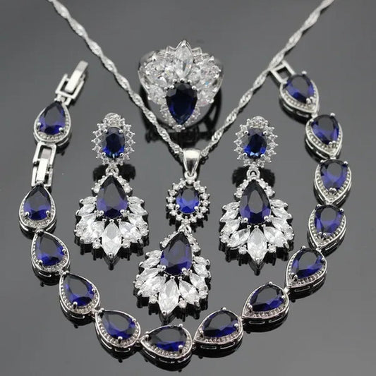 Blue Zircon With White Topaz Crystal Water Drop Shaped Silver Jewelry Sets Necklace Pendant Earring Ring Bracelet For Women