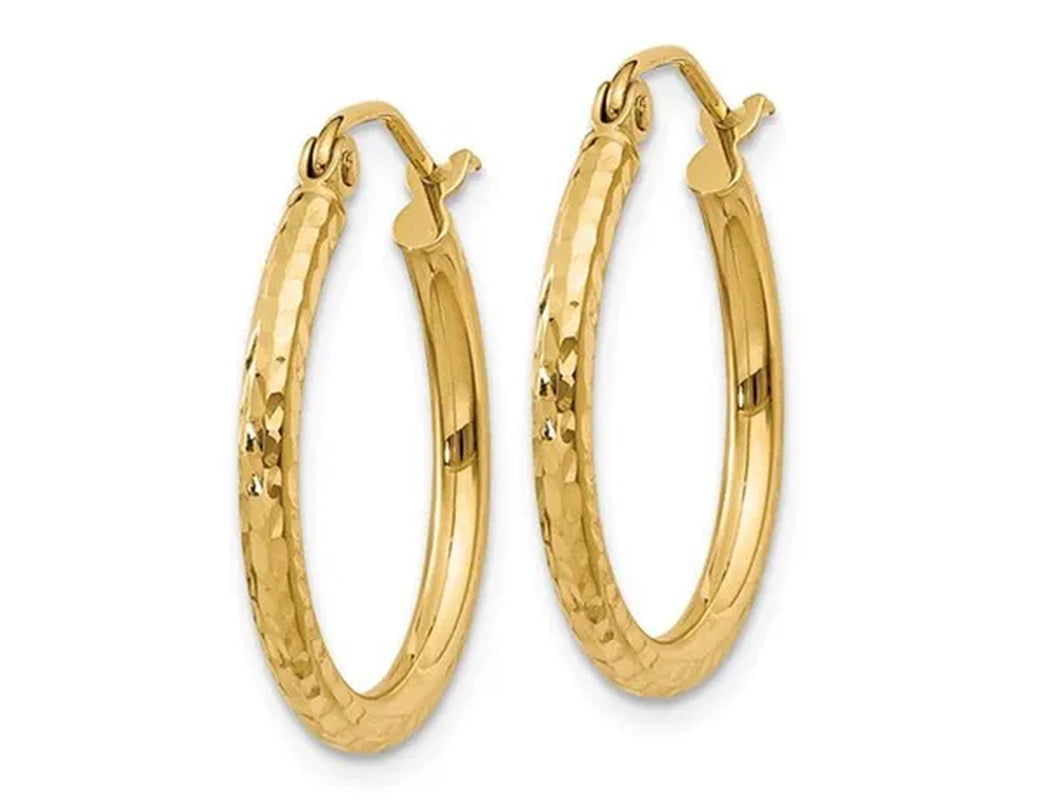 14K Yellow Gold Small Diamond Cut Hoop Earrings 3/4 Inch (2.00 mm)