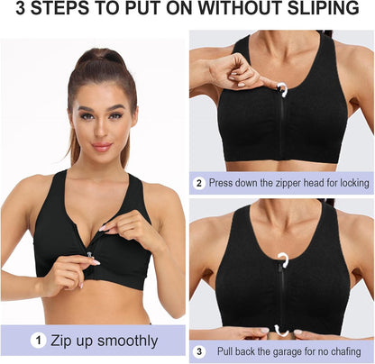 Women'S Zip Front Sports Bra Wireless Post-Surgery Bra Active Yoga Sports Bras