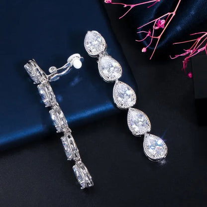 CANDICE Long Water Drop Dangling Jewelry Pave Clear Cubic Zirconia Crystal Female Non Pierced Wedding Clip on Earrings