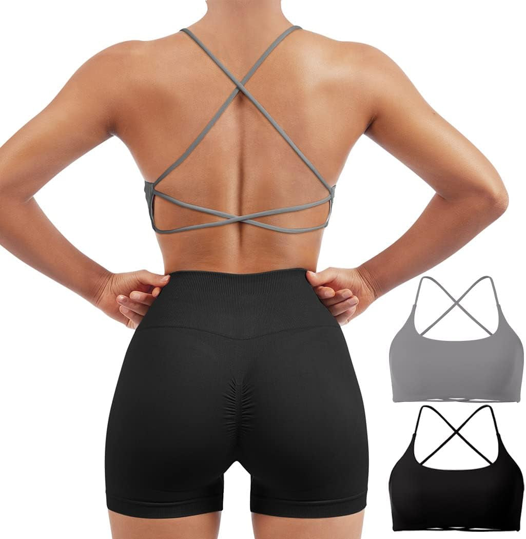 Women 2 Piece Open Back Sports Bra Pack Strappy Workout Gym Yoga Crops