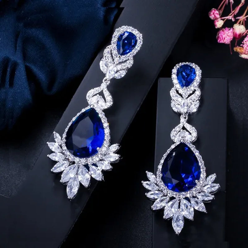 CANDICE Gorgeous Natural Red Green Zirconia Setting Silver Plated Big Teardrop Dangle Earrings for Women Party Dress Accessories
