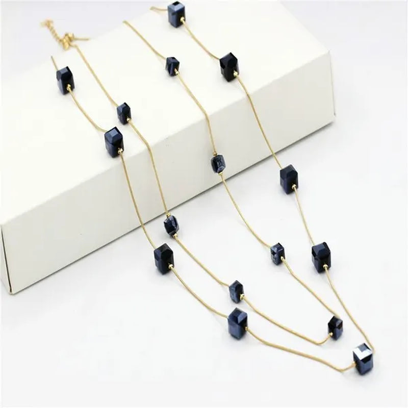Women's Square Long Chain Sweater Necklace Fashion Double Long Tassel Necklace