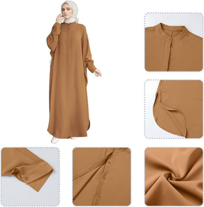 Muslim Dresses for Women Abaya Button down Henley Shirt Prayer Dress Batwing Long Sleeve Middle East Arabian Robe