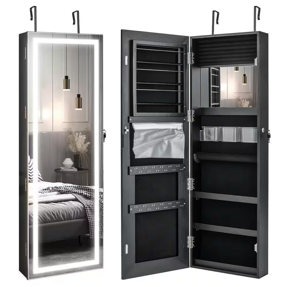 Door Wall Mount Touch Screen LED Light Mirrored Jewelry Box Cabinet Storage Lockable