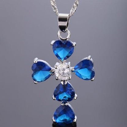 Cross Pendant with 18" Chain & Heart Cut CZ [Simulated Blue Sapphire] in White Gold Plated, Simple Modern Elegant