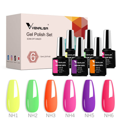 VENALISA Neon Gel Nail Polish Set- 6 Colors Gel Polish Hot Pink Bright Orange Neon Yellow Green Purple Red Gel Polish Kit, DIY Art Home Salon Gifts for Girls