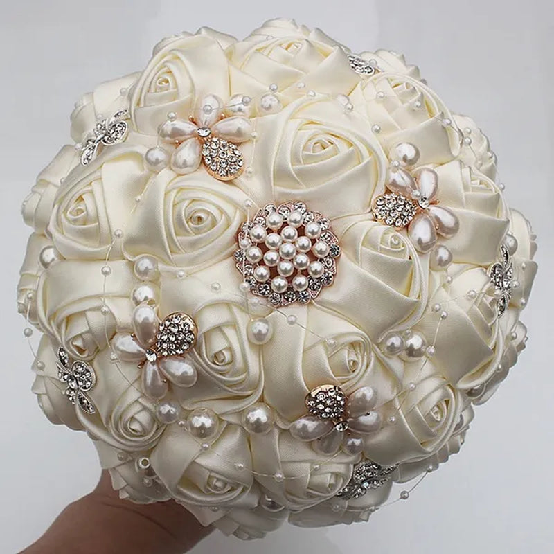 Ivory Rose Bride Wedding Bouquets Pearl Jewelry Brooch Bouquet Flowers 18cm