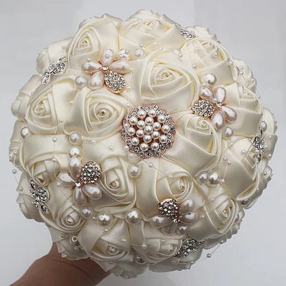 Ivory Rose Bride Wedding Bouquets Pearl Jewelry Brooch Bouquet Flowers 18cm