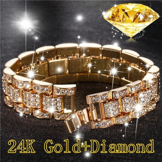 Fashion Men 24K Gold / 925 Silver Plated Solid Stainless Steel Bracelet Iced DIAMOND Link Chain Bracelet 7/8 Inch