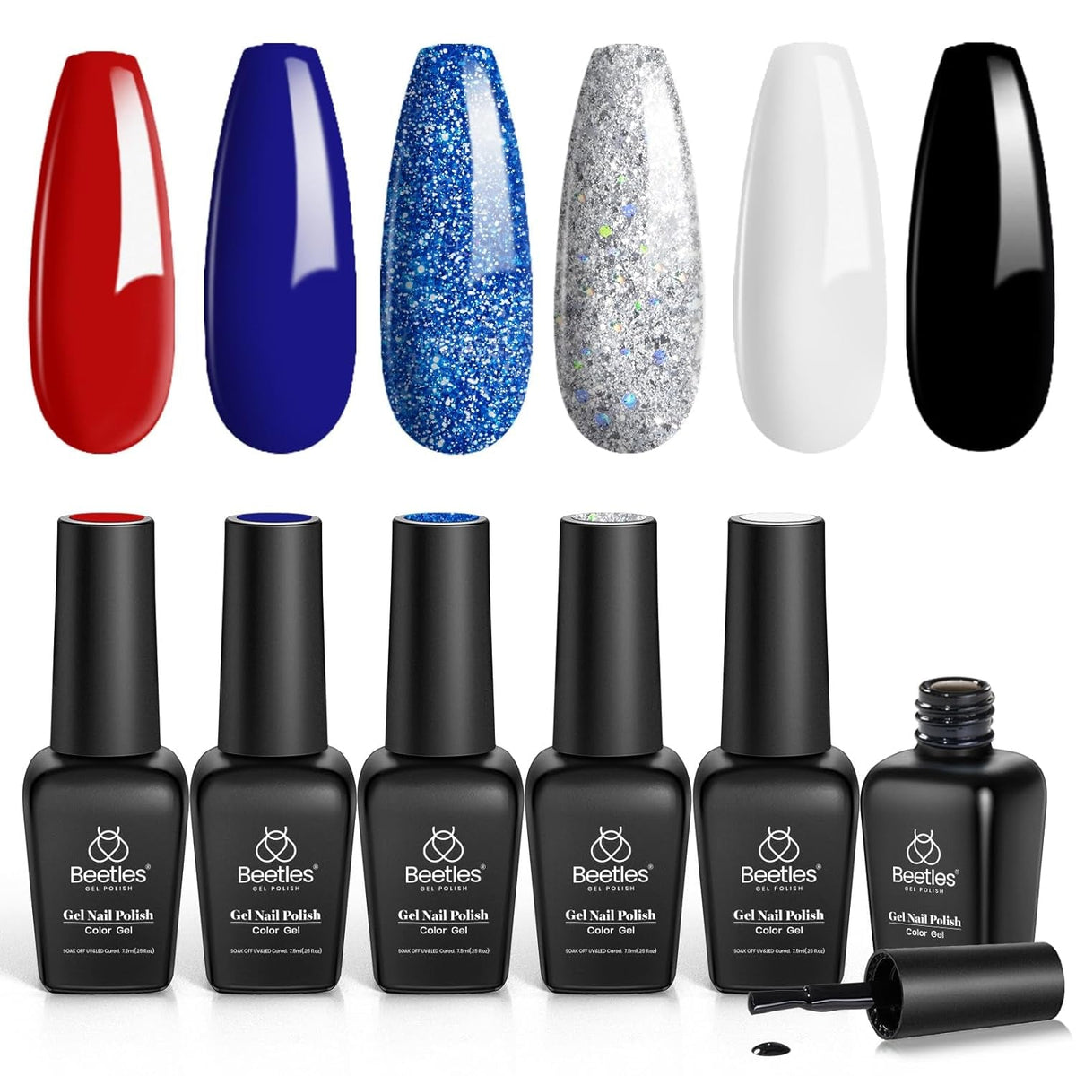 Beetles Gel Nail Polish Set, 6 Retro Colors Old School Collection Soak Off UV Gel Polish Red Yellow Blue Orange Green Gel Polish Nail Art Design Spring Manicure Kit Salon DIY Gifts for Women Girls